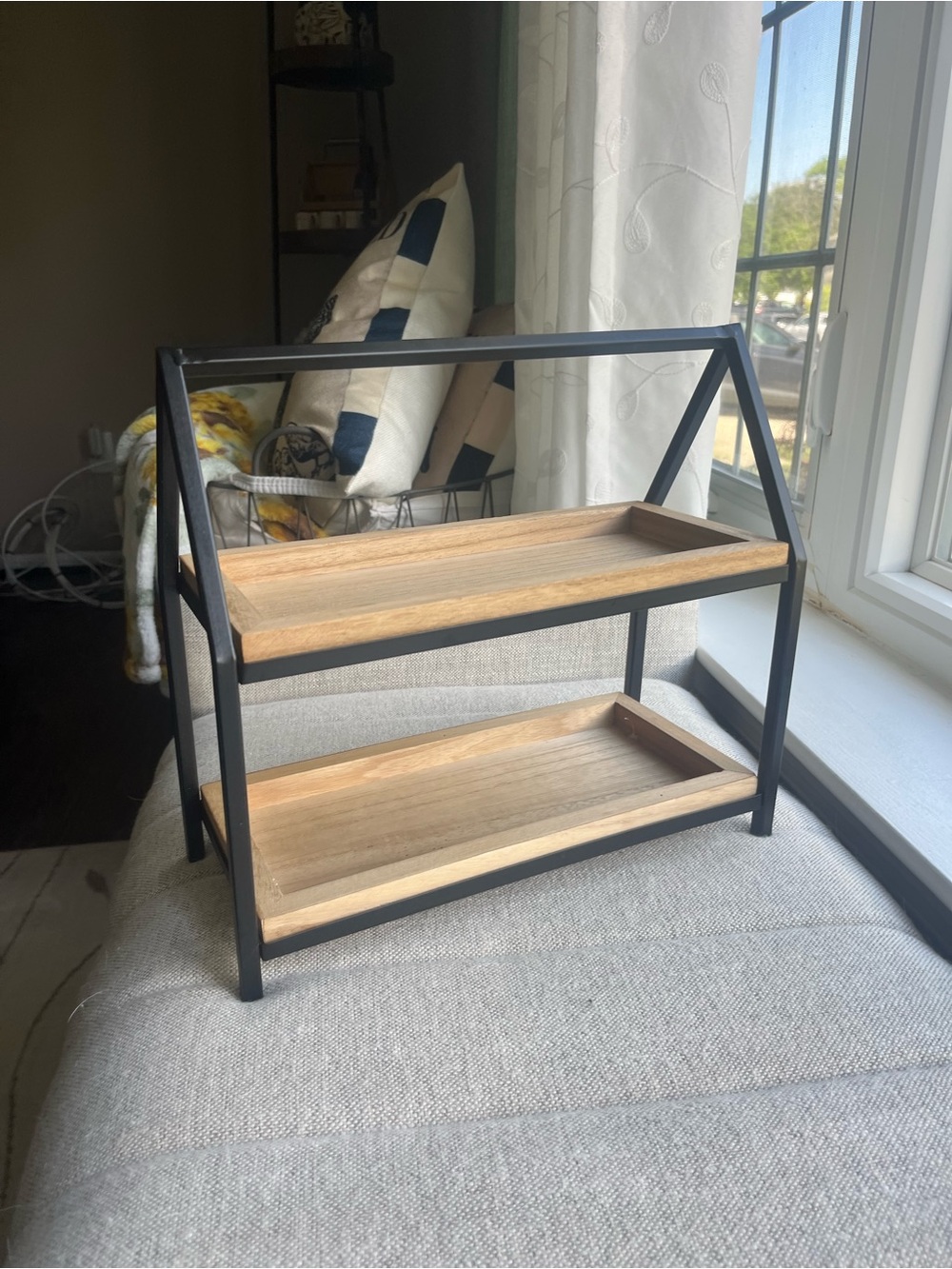 Two-Tier Wood & Black Metal Display Shelf